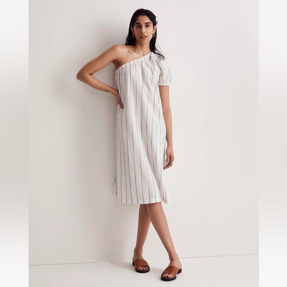 Madewell Seersucker One Shoulder Puff Sleeve Midi Dress Blue Stripe XXS NWT